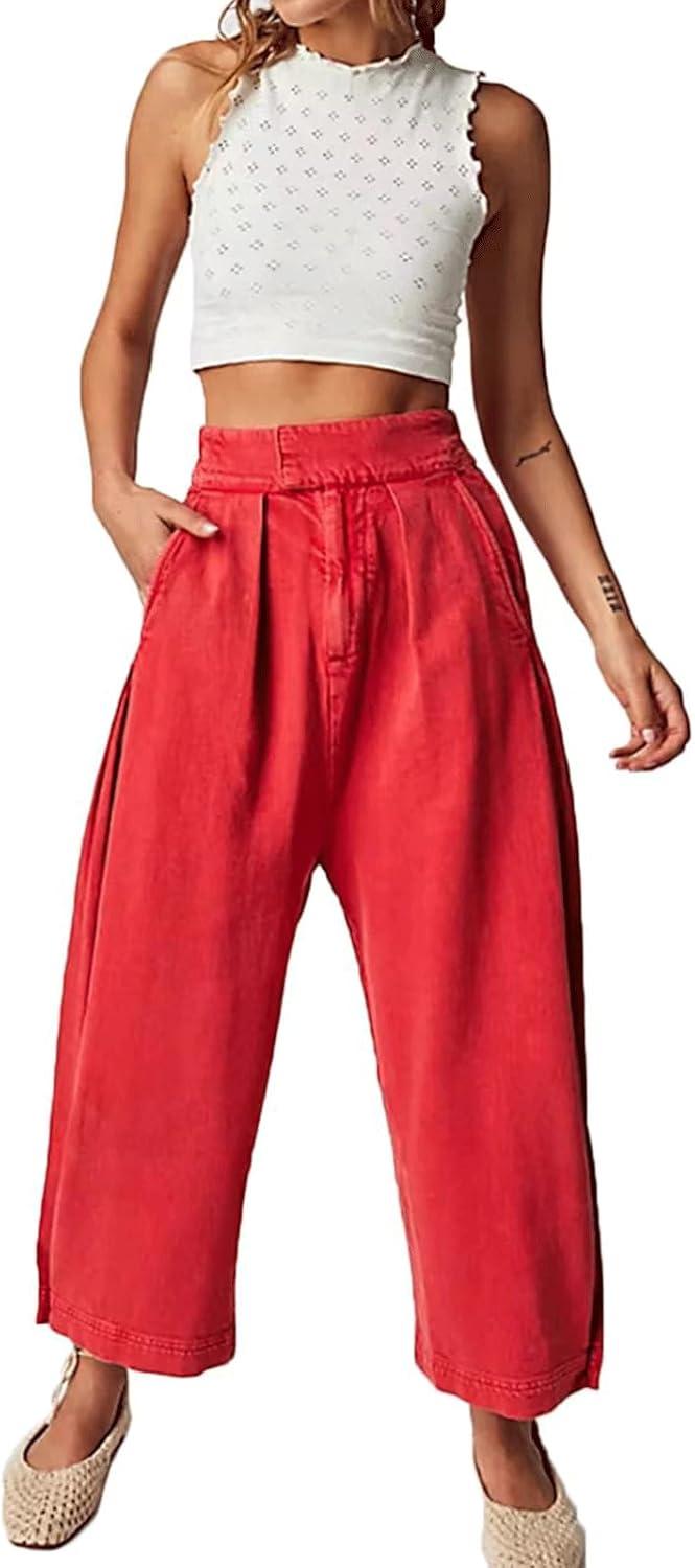 imageCHARTOU Womens Baggy Barrel Pant Wide Leg Horseshoe Ankle Jeans Mid Rise Harem Y2K Denim Pants with PocketsRed