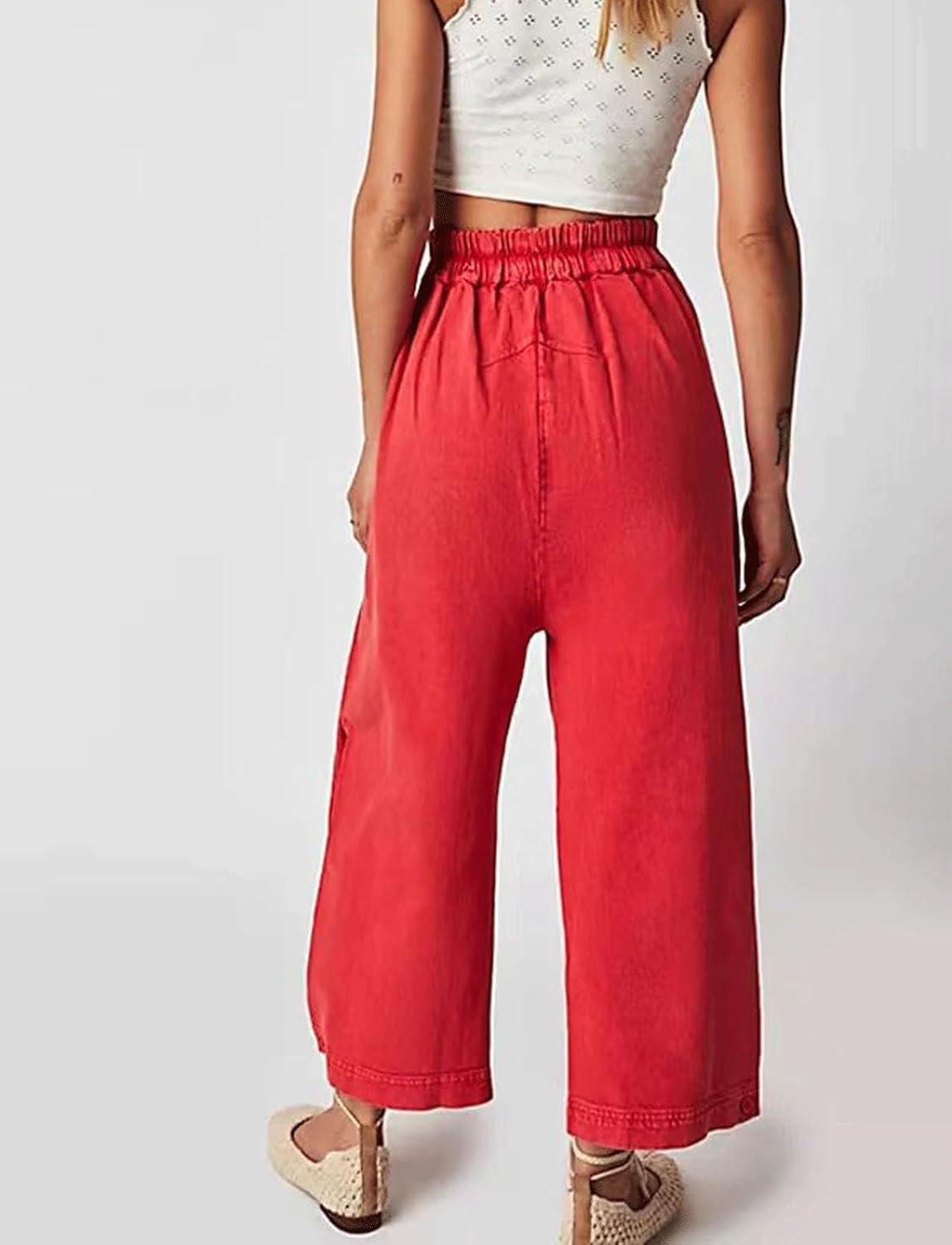 imageCHARTOU Womens Baggy Barrel Pant Wide Leg Horseshoe Ankle Jeans Mid Rise Harem Y2K Denim Pants with PocketsRed