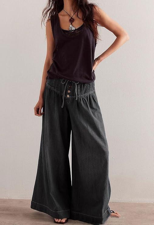 imageCHARTOU Womens Baggy Wide Leg Denim Pants Drawstring Midi Waisted Flare Jeans Ruffle Pleated Button JeansBlack