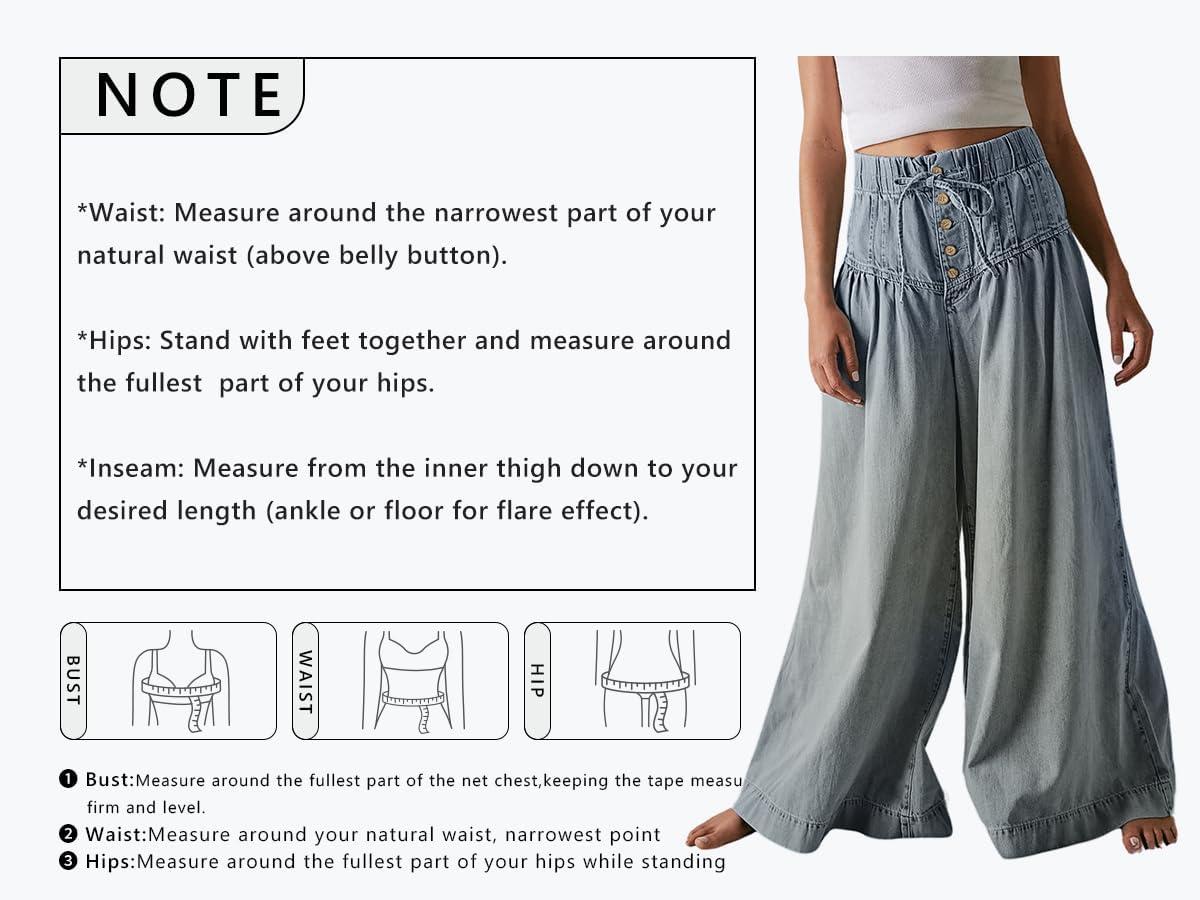 imageCHARTOU Womens Baggy Wide Leg Denim Pants Drawstring Midi Waisted Flare Jeans Ruffle Pleated Button JeansBlack
