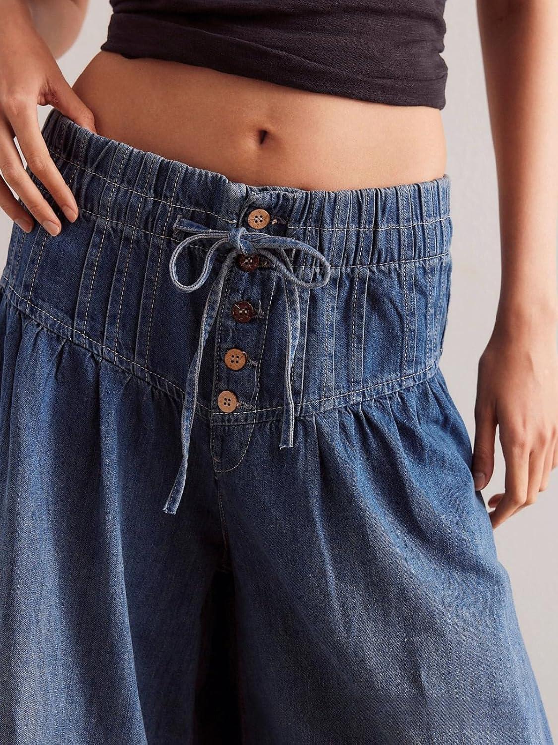 imageCHARTOU Womens Baggy Wide Leg Denim Pants Drawstring Midi Waisted Flare Jeans Ruffle Pleated Button JeansDark Blue