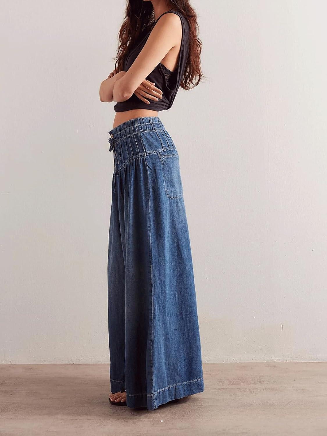imageCHARTOU Womens Baggy Wide Leg Denim Pants Drawstring Midi Waisted Flare Jeans Ruffle Pleated Button JeansDark Blue