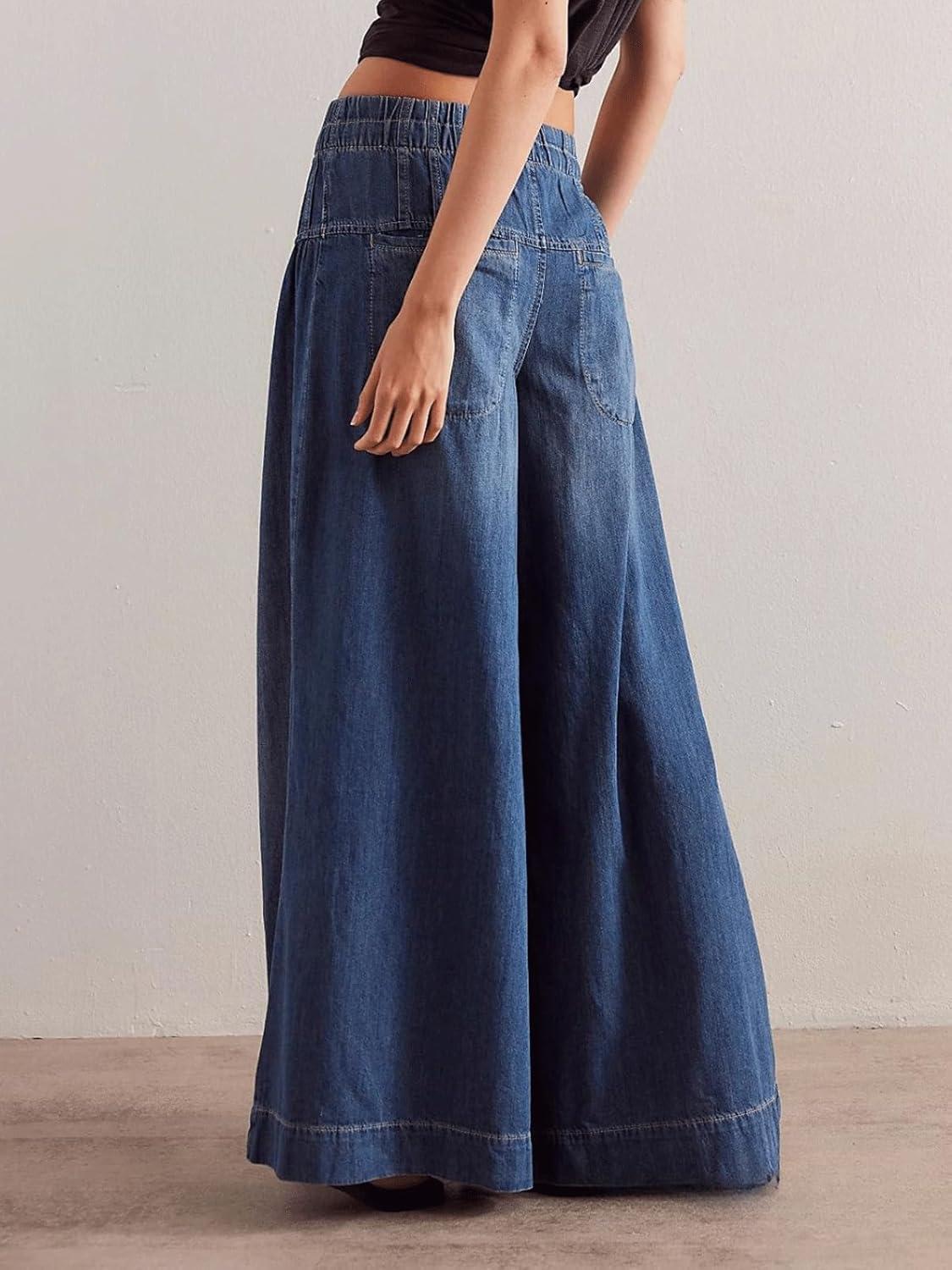 imageCHARTOU Womens Baggy Wide Leg Denim Pants Drawstring Midi Waisted Flare Jeans Ruffle Pleated Button JeansDark Blue