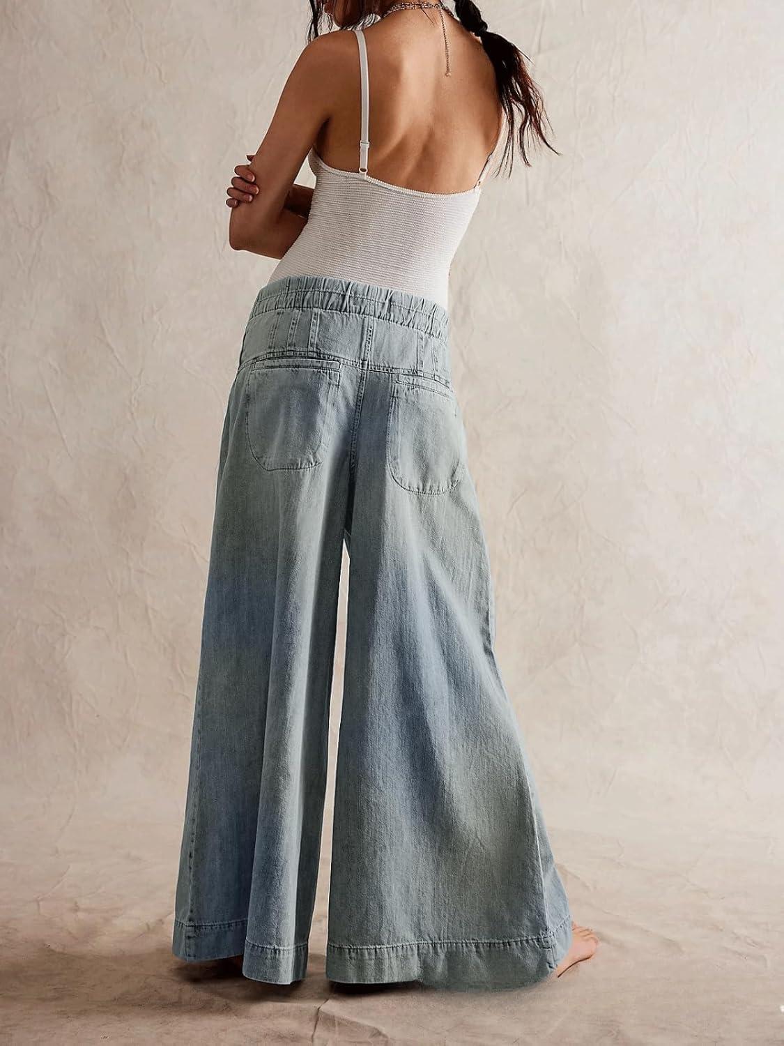 imageCHARTOU Womens Baggy Wide Leg Denim Pants Drawstring Midi Waisted Flare Jeans Ruffle Pleated Button JeansLight Blue