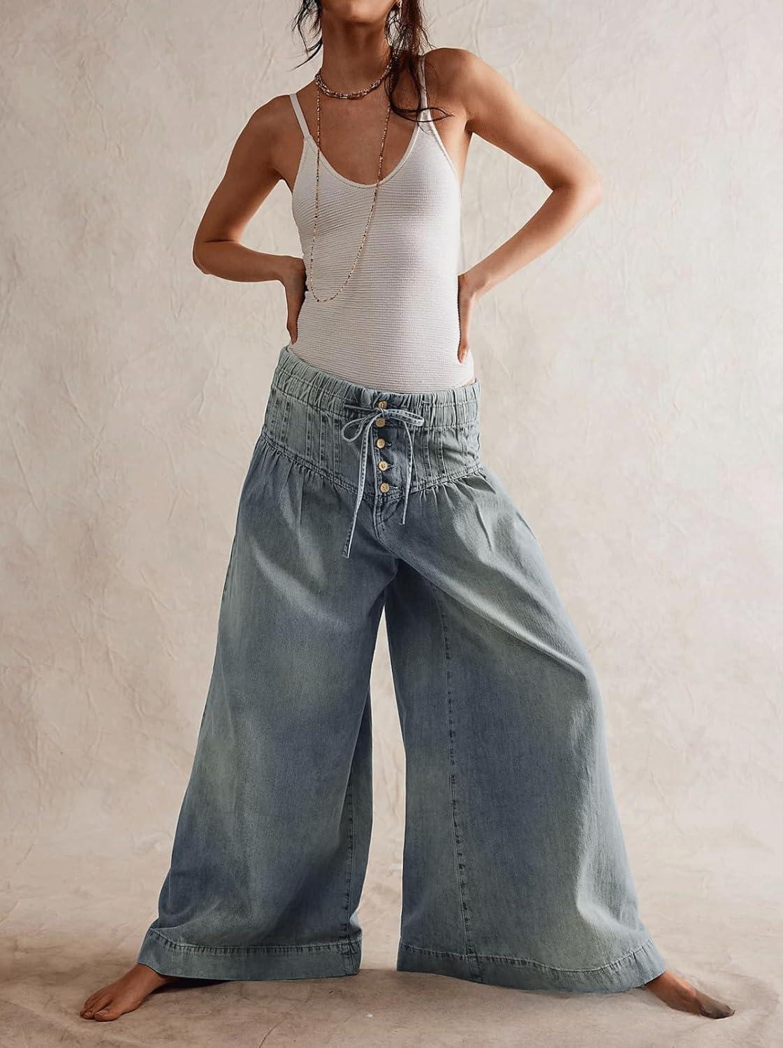 imageCHARTOU Womens Baggy Wide Leg Denim Pants Drawstring Midi Waisted Flare Jeans Ruffle Pleated Button JeansLight Blue