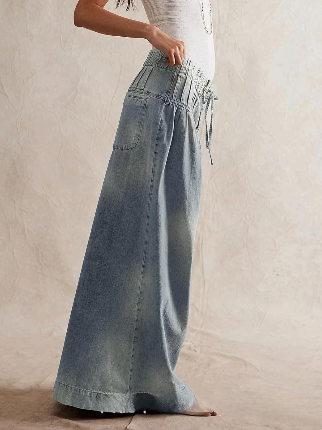 imageCHARTOU Womens Baggy Wide Leg Denim Pants Drawstring Midi Waisted Flare Jeans Ruffle Pleated Button JeansLight Blue