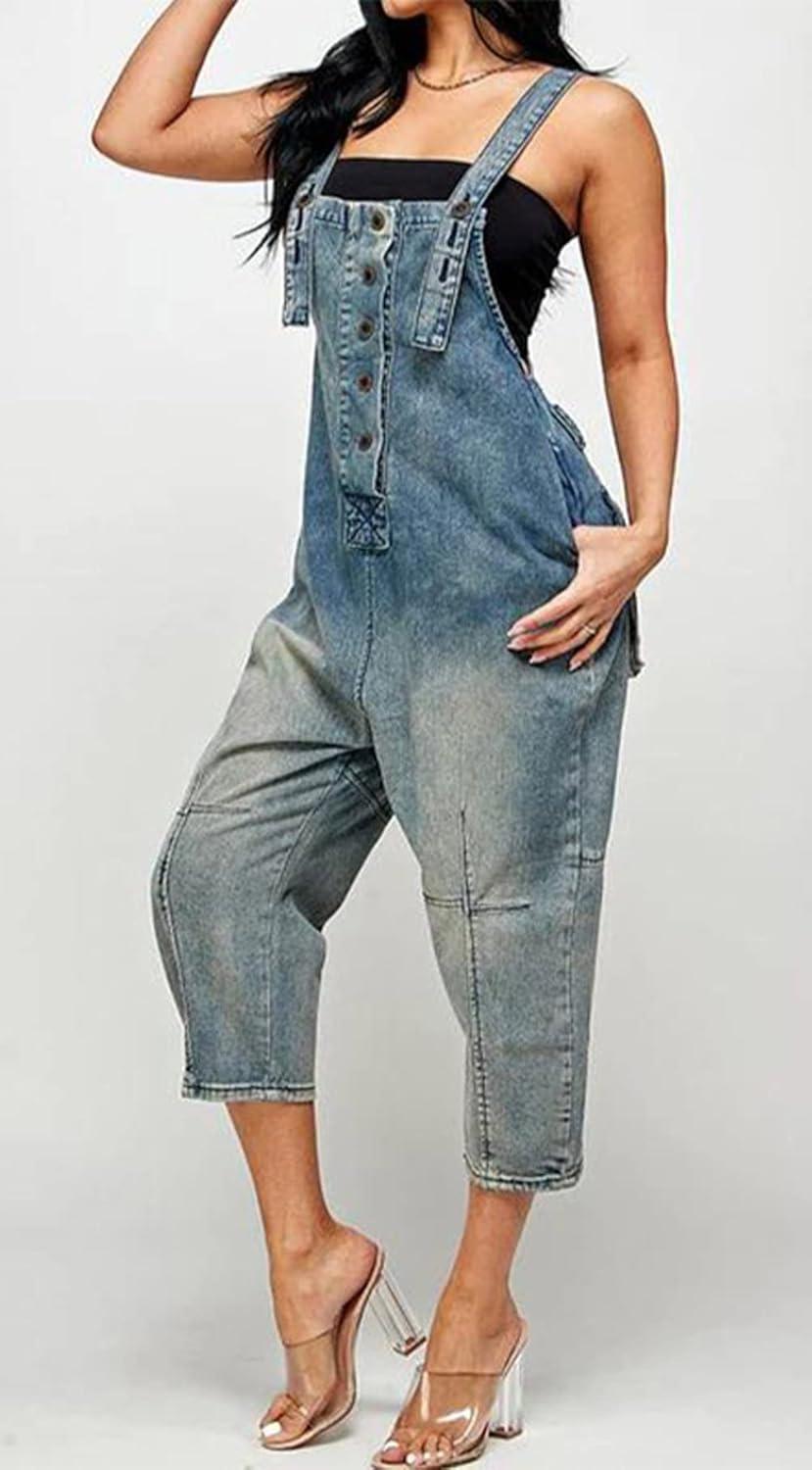 imageCHARTOU Womens Casual Loose Fit Jean Jumpsuit Overalls Crop Harem Denim PantsBlue