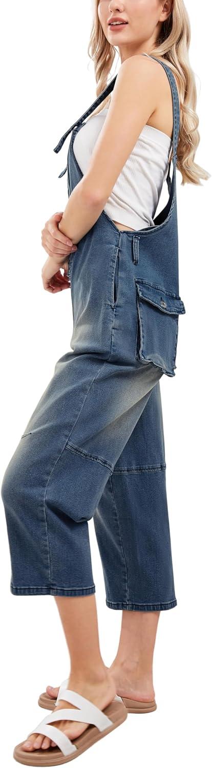 imageCHARTOU Womens Casual Loose Fit Jean Jumpsuit Overalls Crop Harem Denim PantsBlue