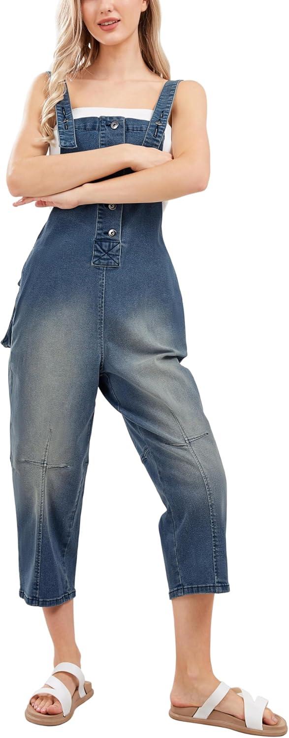 imageCHARTOU Womens Casual Loose Fit Jean Jumpsuit Overalls Crop Harem Denim PantsBlue