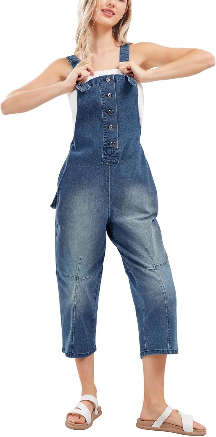 imageCHARTOU Womens Casual Loose Fit Jean Jumpsuit Overalls Crop Harem Denim PantsDark Blue