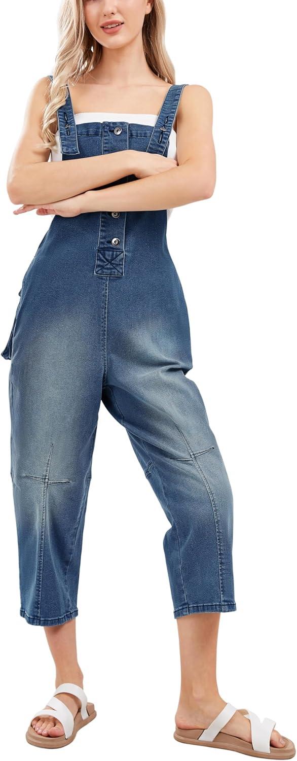 imageCHARTOU Womens Casual Loose Fit Jean Jumpsuit Overalls Crop Harem Denim PantsDark Blue