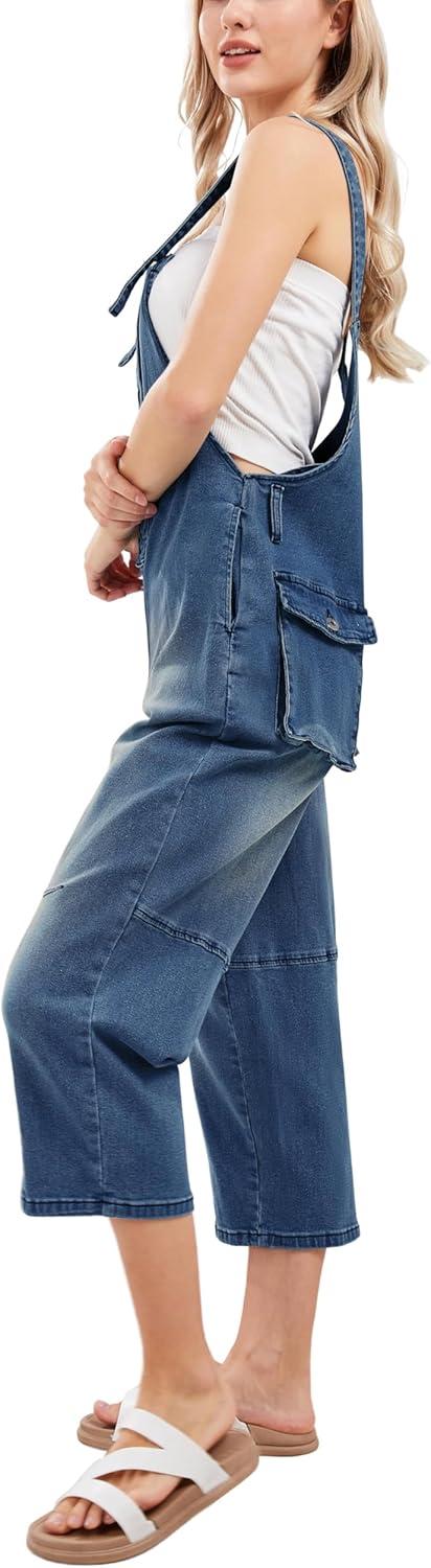 imageCHARTOU Womens Casual Loose Fit Jean Jumpsuit Overalls Crop Harem Denim PantsDark Blue