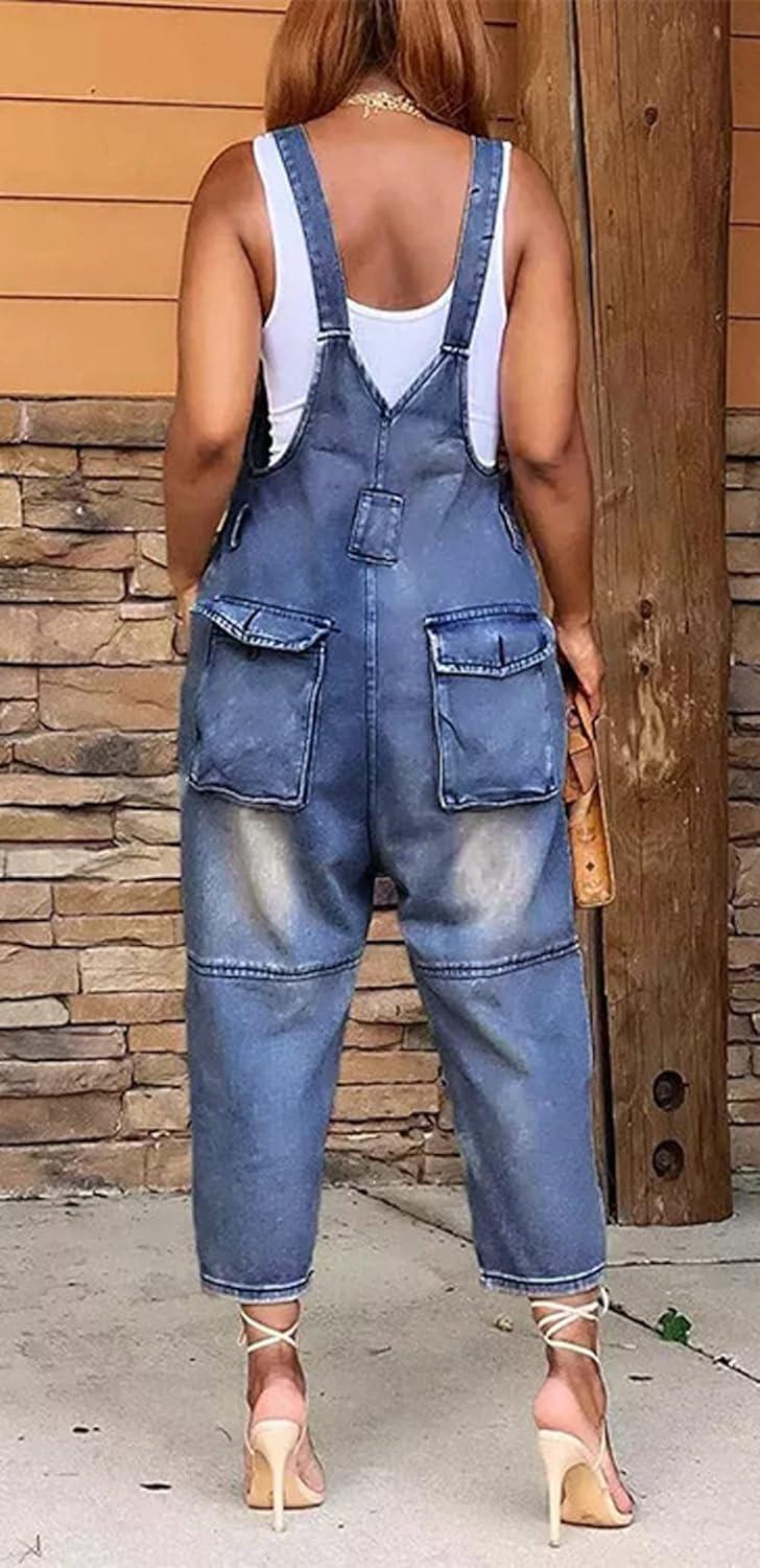 imageCHARTOU Womens Casual Loose Fit Jean Jumpsuit Overalls Crop Harem Denim PantsDark Blue