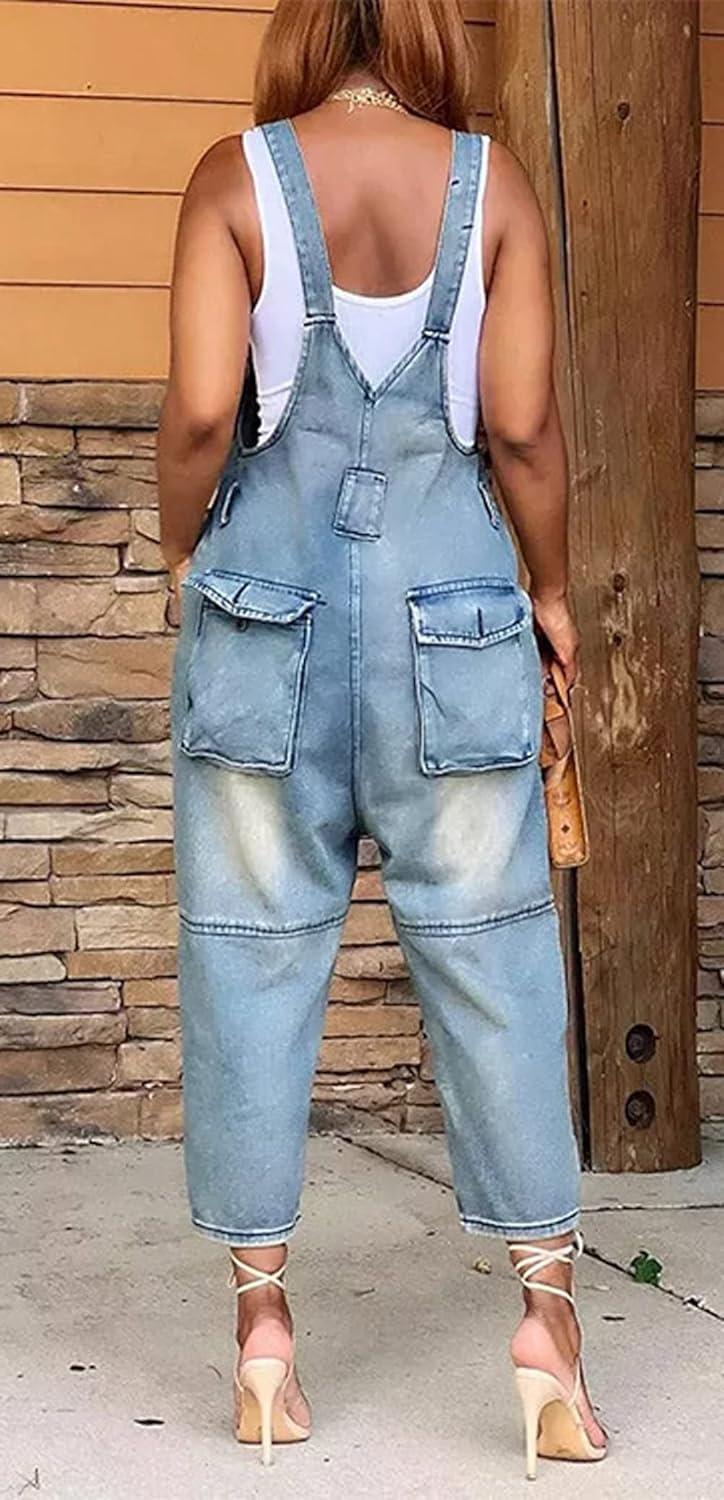 imageCHARTOU Womens Casual Loose Fit Jean Jumpsuit Overalls Crop Harem Denim PantsLight Blue