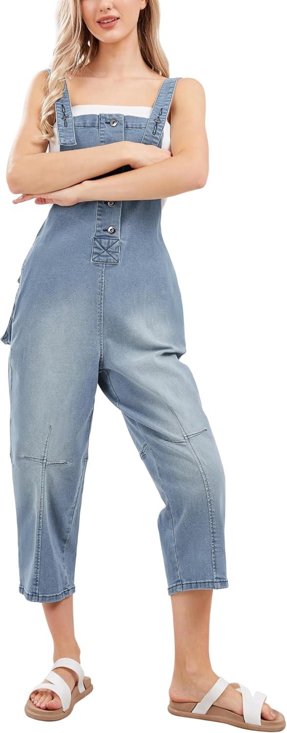 imageCHARTOU Womens Casual Loose Fit Jean Jumpsuit Overalls Crop Harem Denim PantsLight Blue