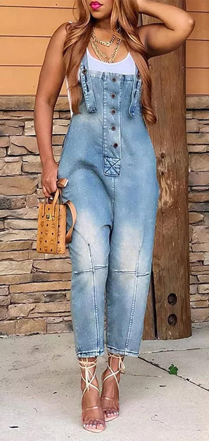 imageCHARTOU Womens Casual Loose Fit Jean Jumpsuit Overalls Crop Harem Denim PantsLight Blue