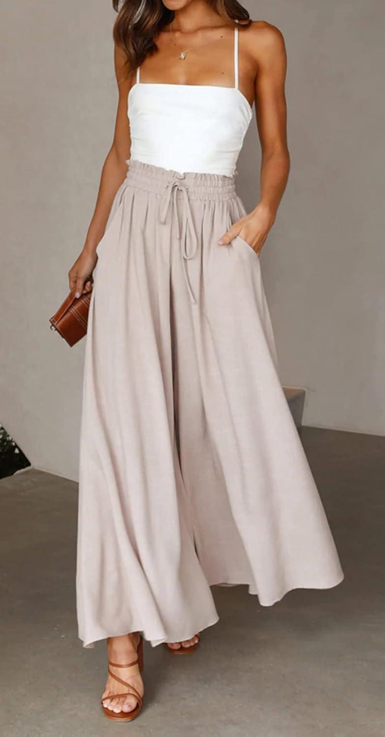 imageCHARTOU Womens Comfy Drawstring High Waist Wide Leg Casual Palazzo Culottes PantsBeige