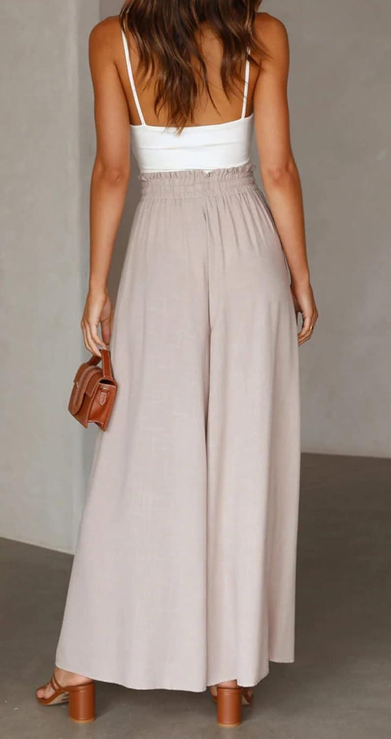 imageCHARTOU Womens Comfy Drawstring High Waist Wide Leg Casual Palazzo Culottes PantsBeige