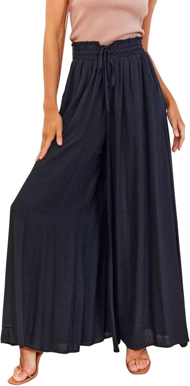 imageCHARTOU Womens Comfy Drawstring High Waist Wide Leg Casual Palazzo Culottes PantsBlack