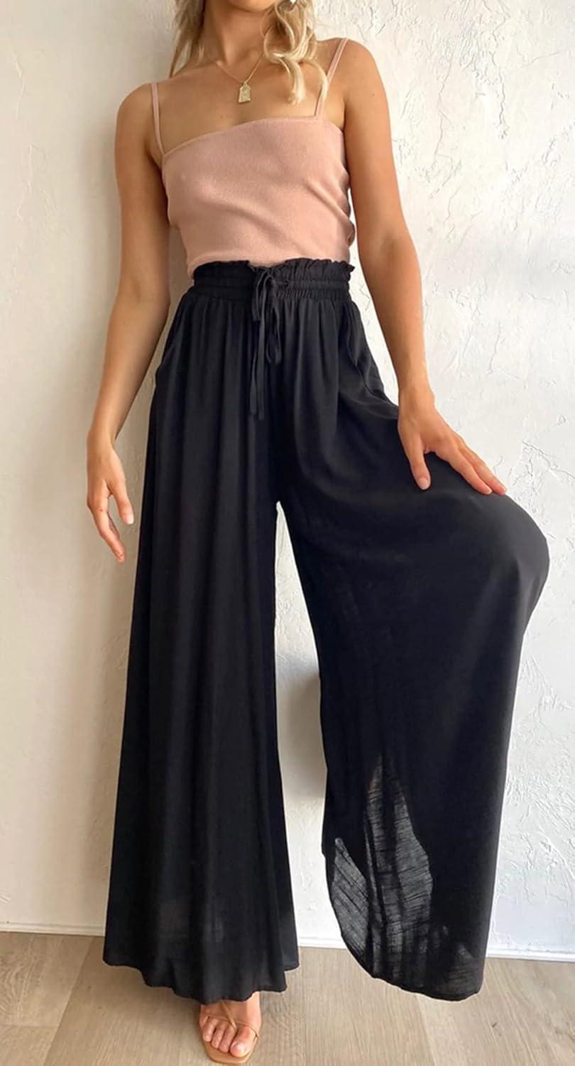 imageCHARTOU Womens Comfy Drawstring High Waist Wide Leg Casual Palazzo Culottes PantsBlack