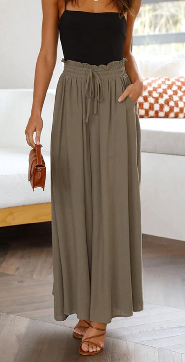 imageCHARTOU Womens Comfy Drawstring High Waist Wide Leg Casual Palazzo Culottes PantsGreen