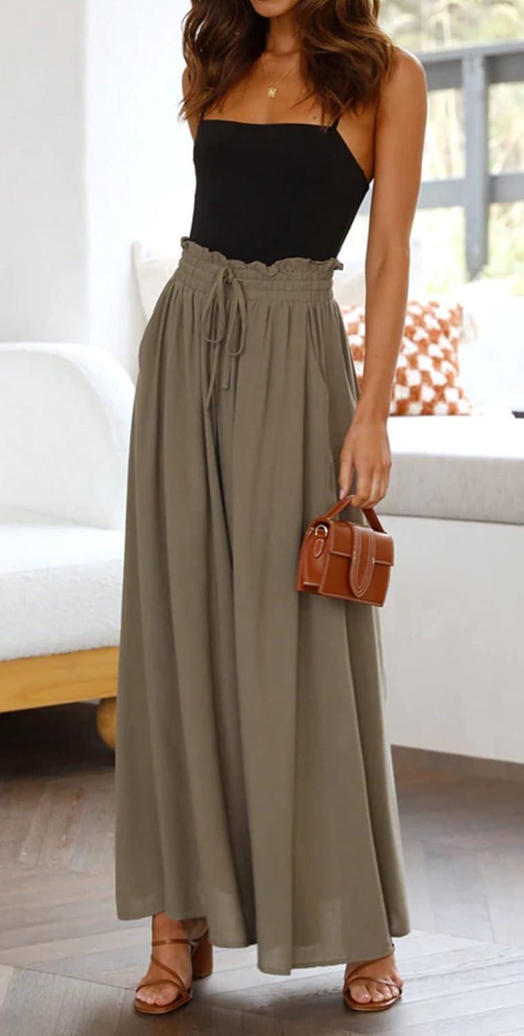 imageCHARTOU Womens Comfy Drawstring High Waist Wide Leg Casual Palazzo Culottes PantsGreen