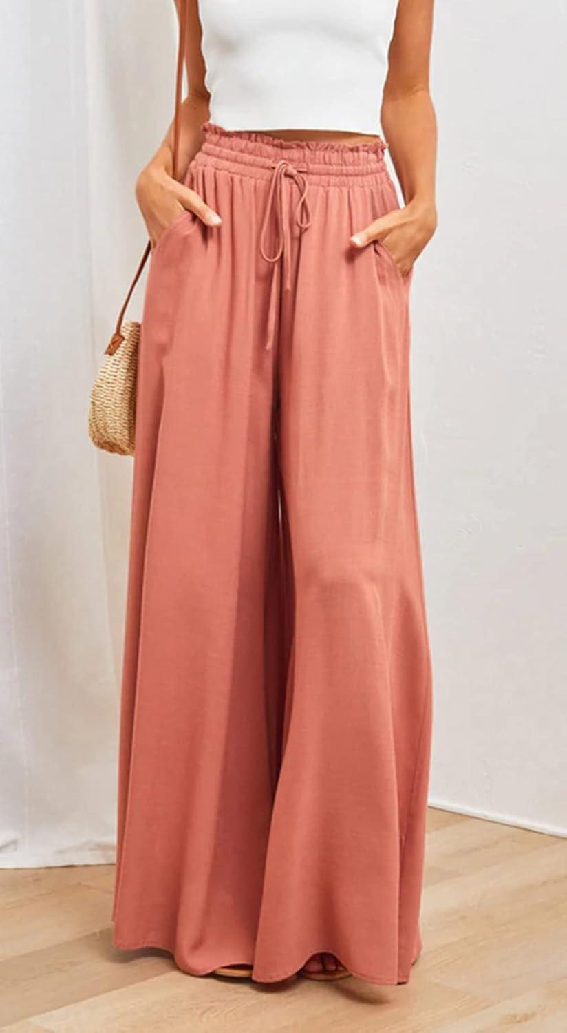 imageCHARTOU Womens Comfy Drawstring High Waist Wide Leg Casual Palazzo Culottes PantsTangerine