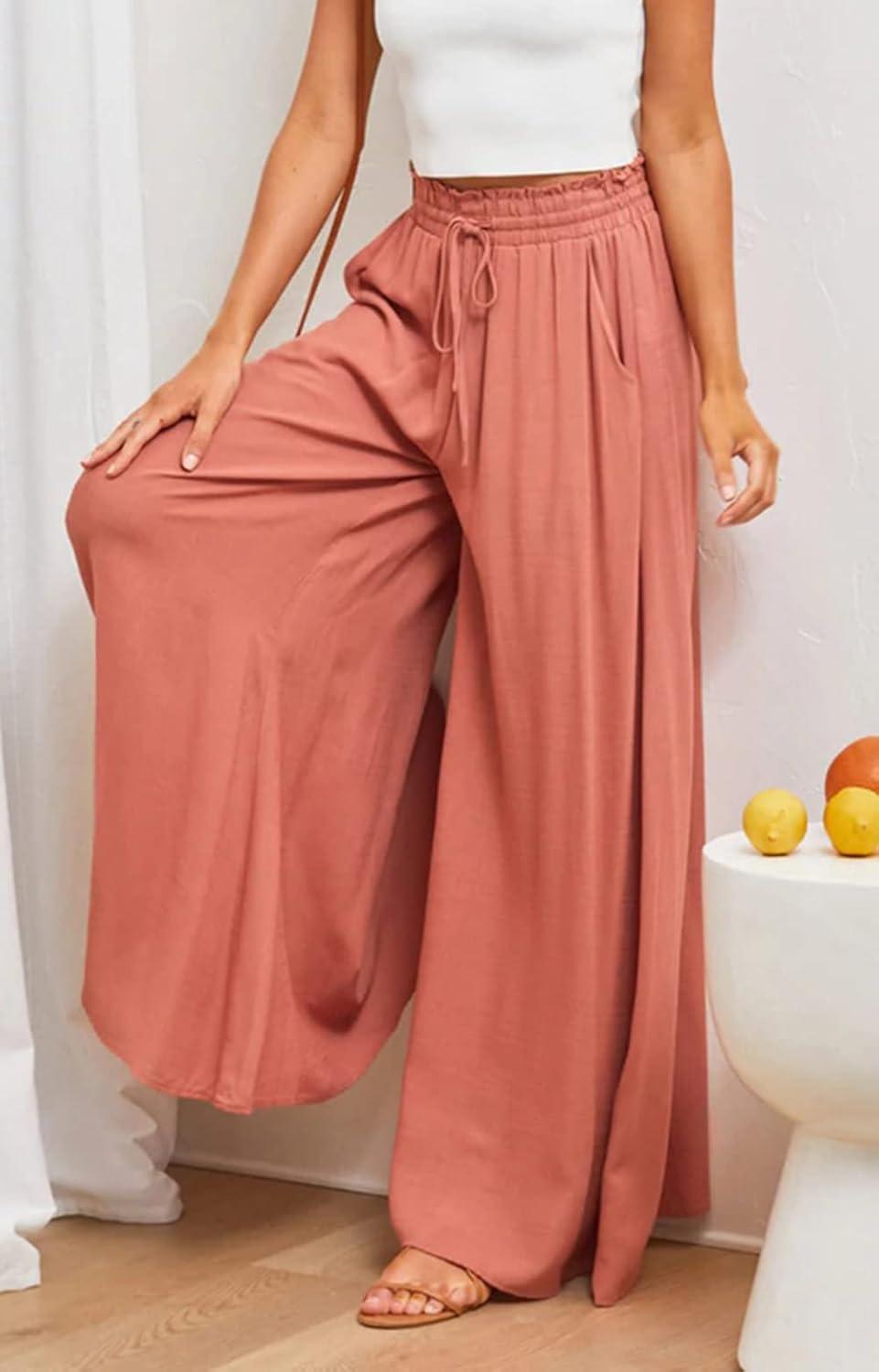 imageCHARTOU Womens Comfy Drawstring High Waist Wide Leg Casual Palazzo Culottes PantsTangerine