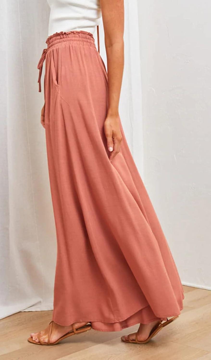 imageCHARTOU Womens Comfy Drawstring High Waist Wide Leg Casual Palazzo Culottes PantsTangerine