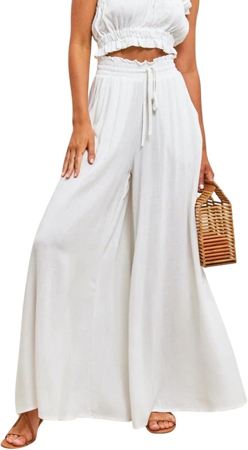 imageCHARTOU Womens Comfy Drawstring High Waist Wide Leg Casual Palazzo Culottes PantsWhite