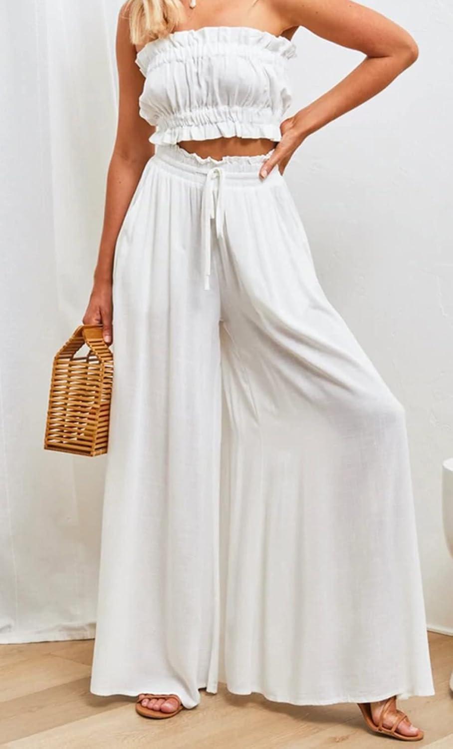 imageCHARTOU Womens Comfy Drawstring High Waist Wide Leg Casual Palazzo Culottes PantsWhite