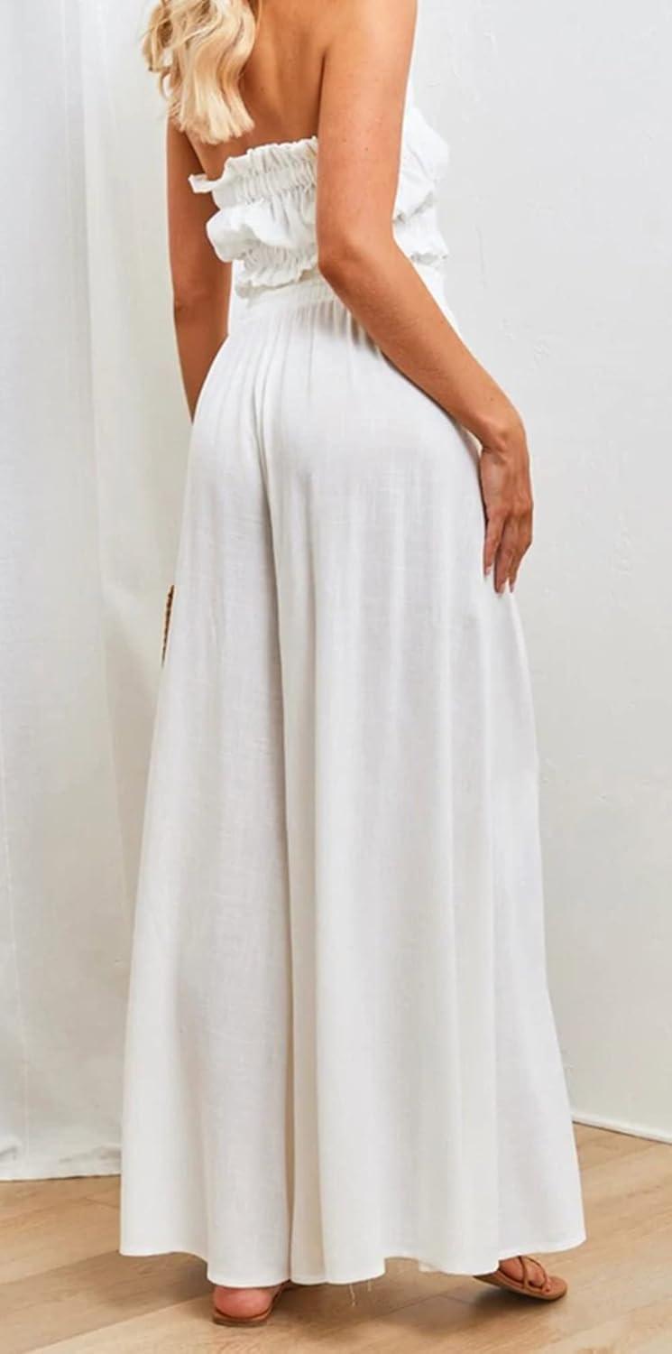 imageCHARTOU Womens Comfy Drawstring High Waist Wide Leg Casual Palazzo Culottes PantsWhite