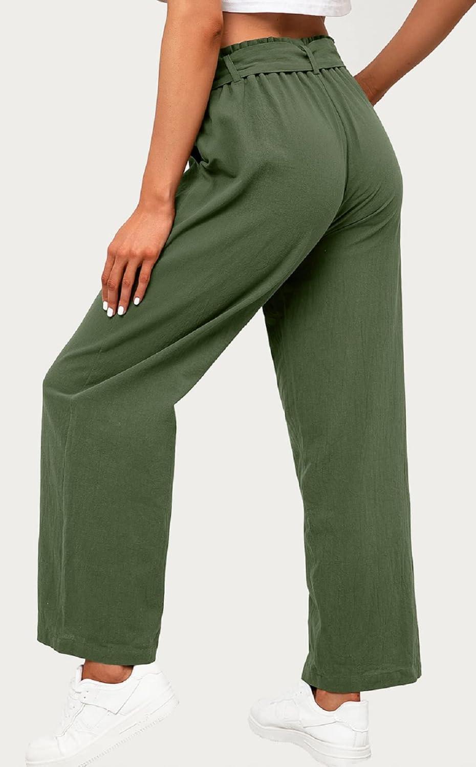 imageCHARTOU Womens Elastic SelfTie Waist WideLeg Lightweight Palazzo Beach PantsGreen
