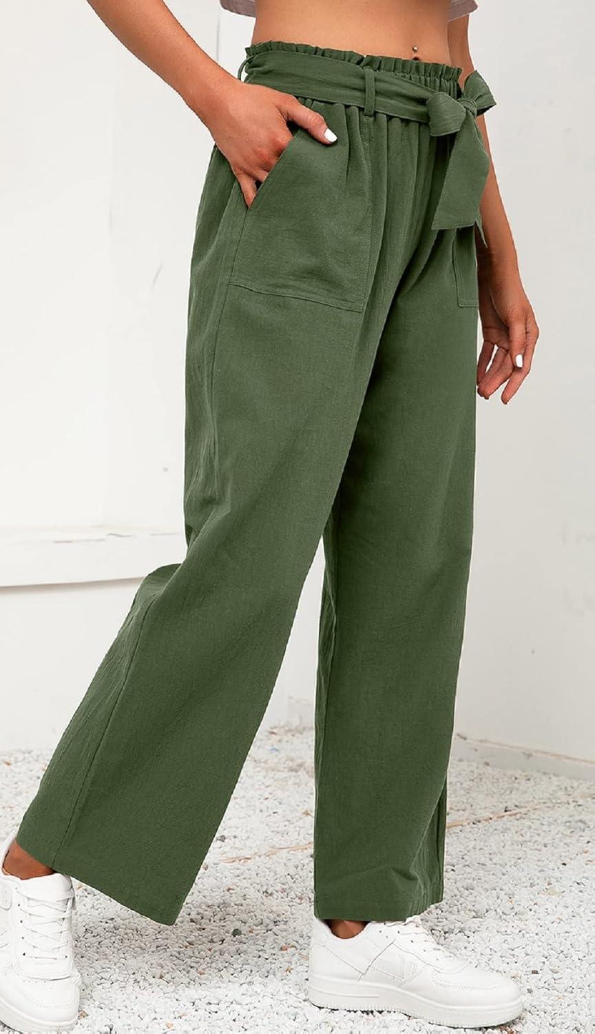 imageCHARTOU Womens Elastic SelfTie Waist WideLeg Lightweight Palazzo Beach PantsGreen