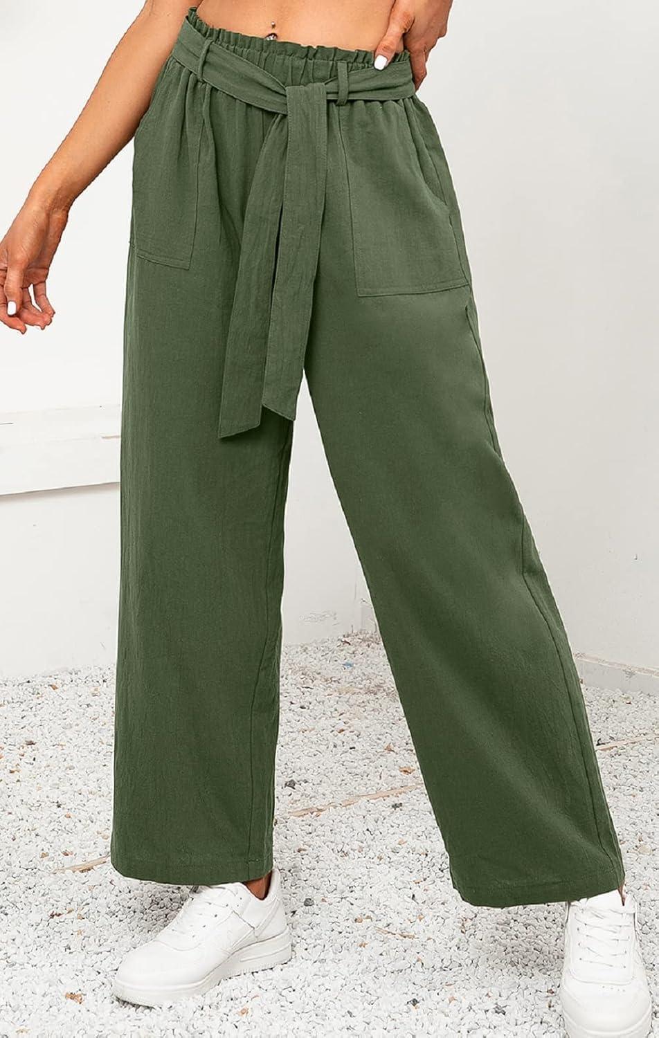 imageCHARTOU Womens Elastic SelfTie Waist WideLeg Lightweight Palazzo Beach PantsGreen