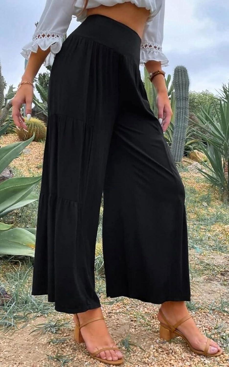 imageCHARTOU Womens Linen Wide Leg Pants High Waisted Tiered Palazzo Beach Flowy PantsBlack