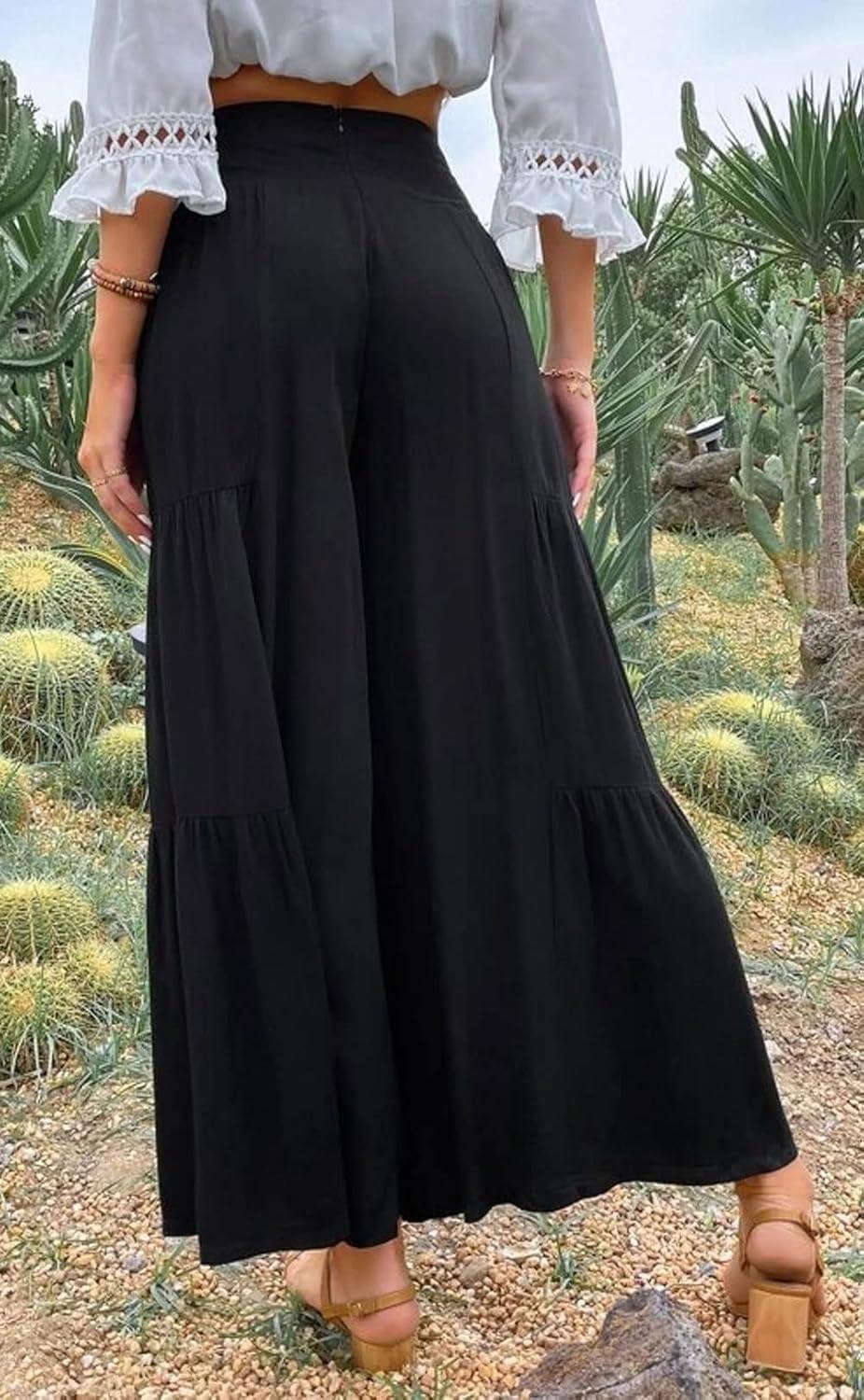 imageCHARTOU Womens Linen Wide Leg Pants High Waisted Tiered Palazzo Beach Flowy PantsBlack