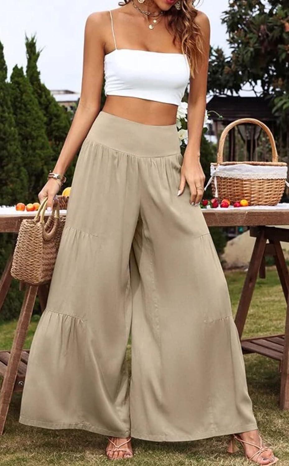 imageCHARTOU Womens Linen Wide Leg Pants High Waisted Tiered Palazzo Beach Flowy PantsKhaki
