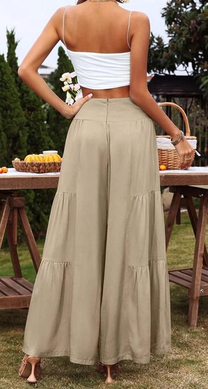 imageCHARTOU Womens Linen Wide Leg Pants High Waisted Tiered Palazzo Beach Flowy PantsKhaki