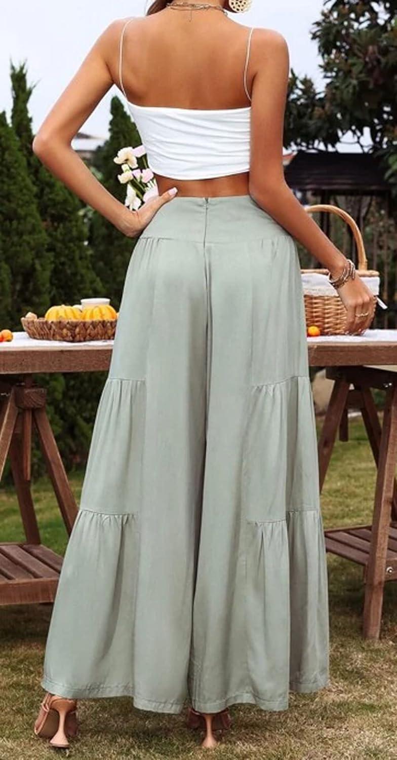 imageCHARTOU Womens Linen Wide Leg Pants High Waisted Tiered Palazzo Beach Flowy PantsMint