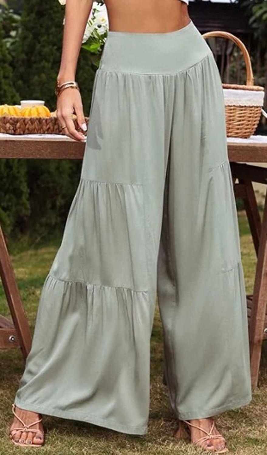 imageCHARTOU Womens Linen Wide Leg Pants High Waisted Tiered Palazzo Beach Flowy PantsMint