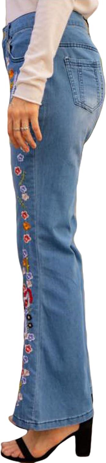 imageCHARTOU Womens Mid Rise Floral Embroidered Flare Jeans Bell Bottom Denim PantsLight Blue
