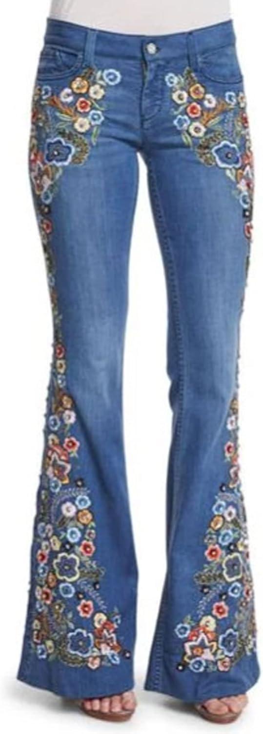 imageCHARTOU Womens Mid Rise Floral Embroidered Flare Jeans Bell Bottom Denim PantsLight Blue