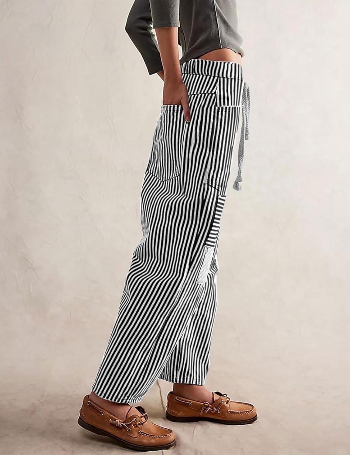 imageCHARTOU Womens Striped Barrel Jeans Baggy Mid Waist Drawstring Jeans Denim Patchwork Cropped Wide Leg PantsBlack