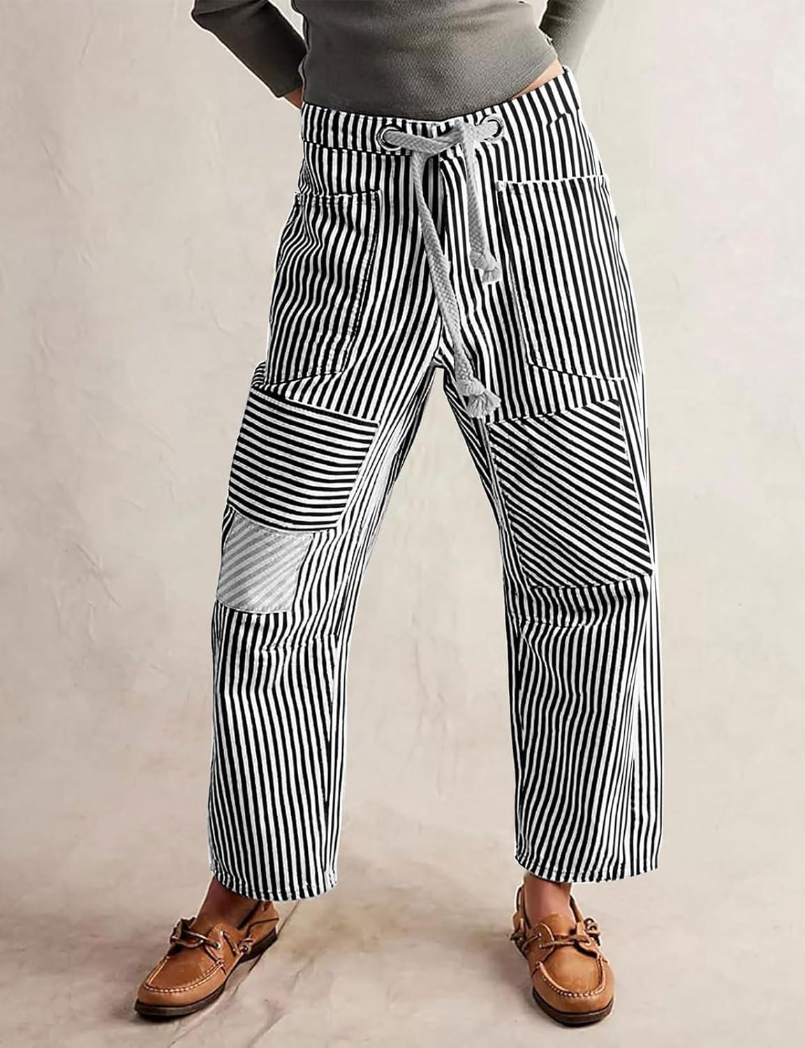 imageCHARTOU Womens Striped Barrel Jeans Baggy Mid Waist Drawstring Jeans Denim Patchwork Cropped Wide Leg PantsBlack
