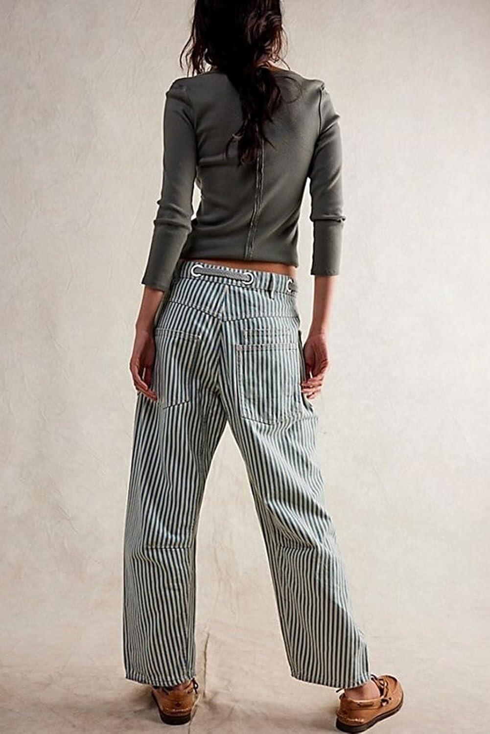 imageCHARTOU Womens Striped Barrel Jeans Baggy Mid Waist Drawstring Jeans Denim Patchwork Cropped Wide Leg PantsBlue