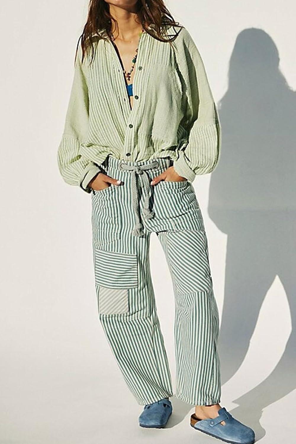 imageCHARTOU Womens Striped Barrel Jeans Baggy Mid Waist Drawstring Jeans Denim Patchwork Cropped Wide Leg PantsGreen