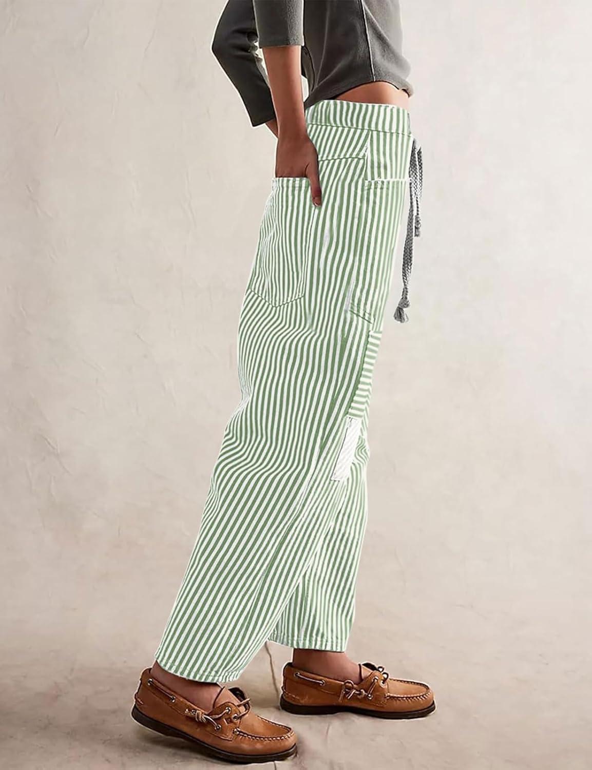 imageCHARTOU Womens Striped Barrel Jeans Baggy Mid Waist Drawstring Jeans Denim Patchwork Cropped Wide Leg PantsGreen