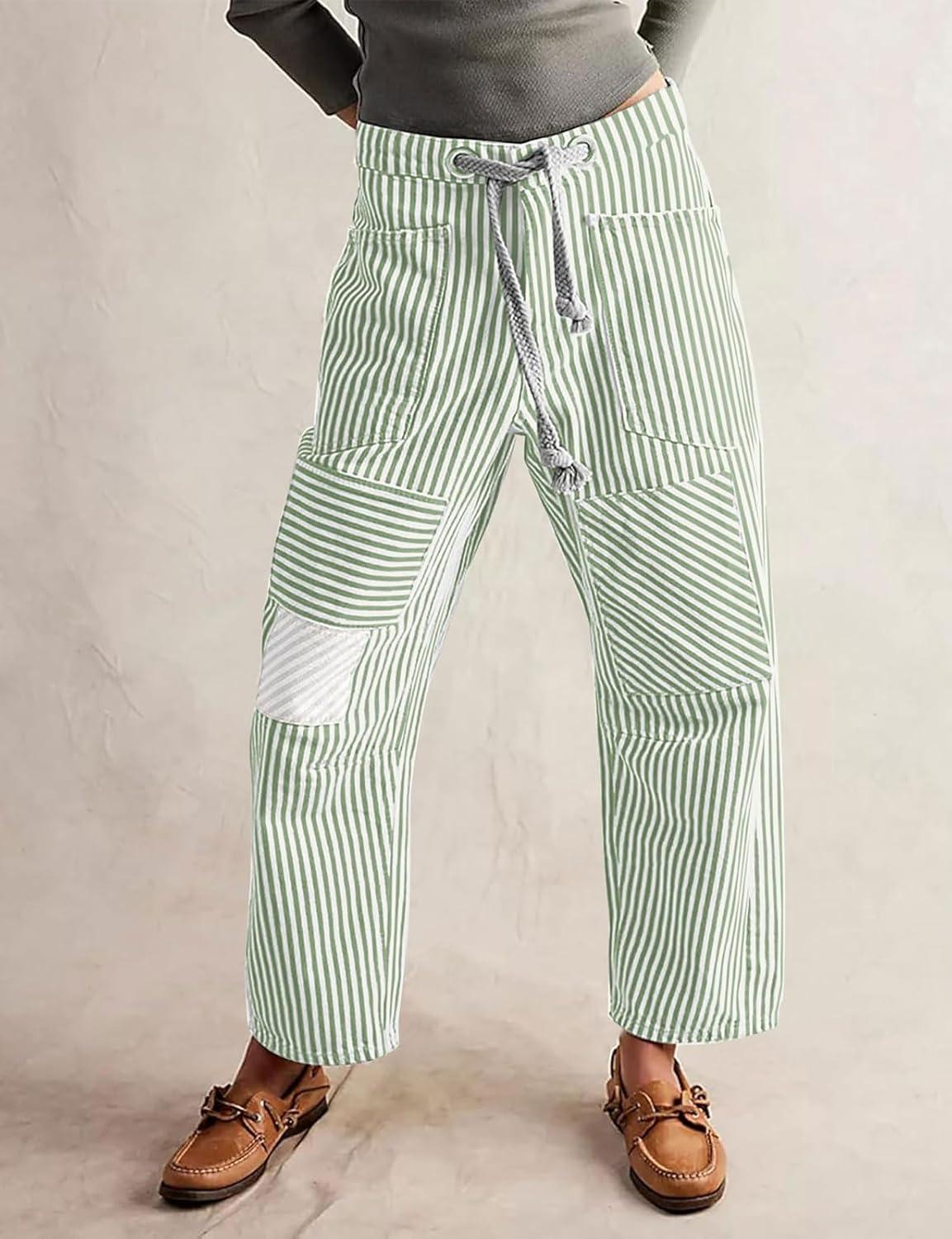imageCHARTOU Womens Striped Barrel Jeans Baggy Mid Waist Drawstring Jeans Denim Patchwork Cropped Wide Leg PantsGreen