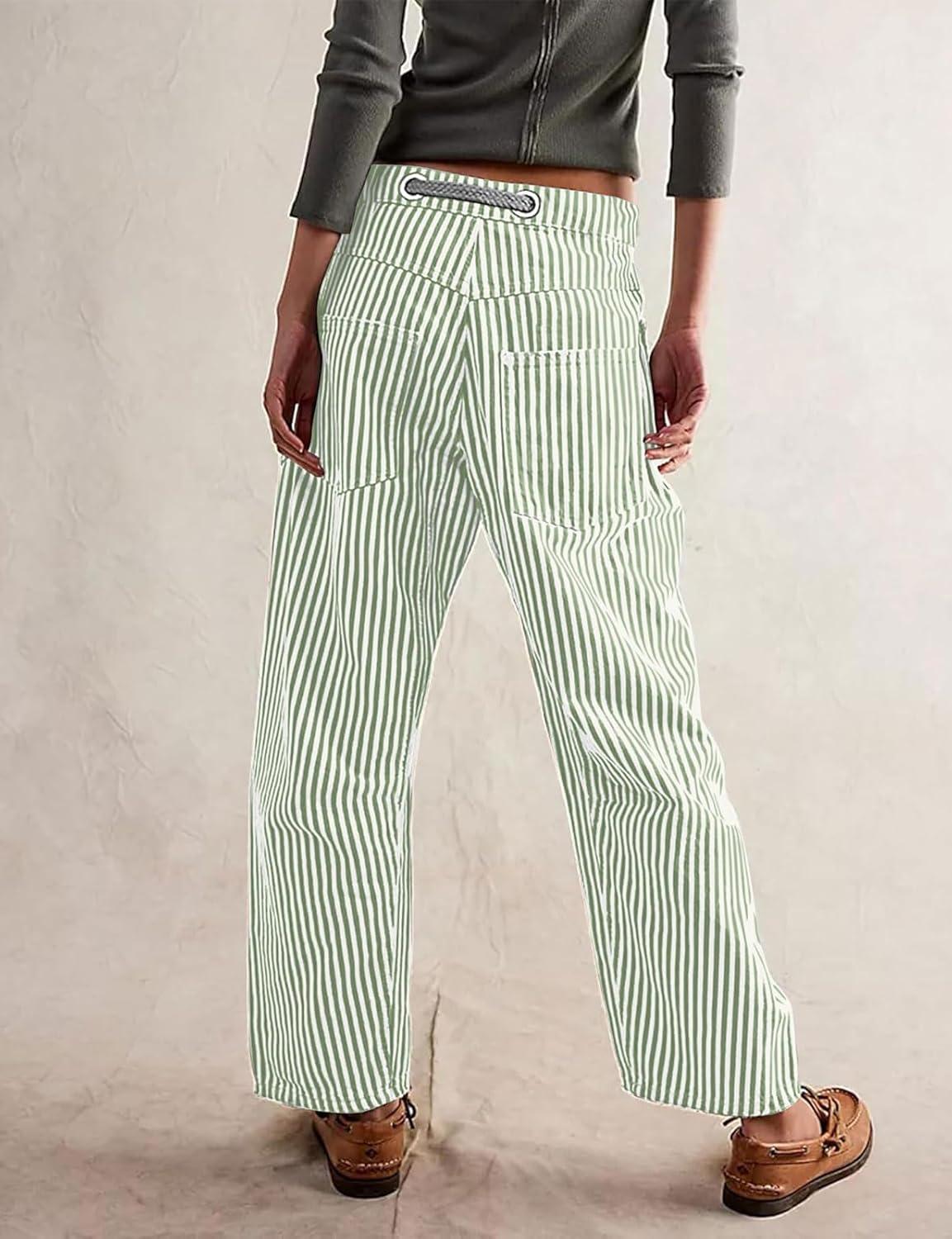 imageCHARTOU Womens Striped Barrel Jeans Baggy Mid Waist Drawstring Jeans Denim Patchwork Cropped Wide Leg PantsGreen
